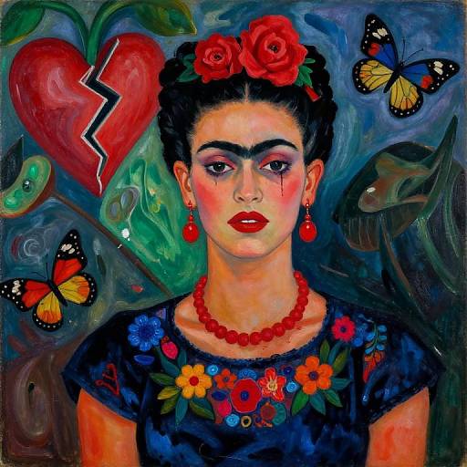 Vibrant painting of Frida Kahlo with dark hair, red roses, red beads, broken heart, colorful flowers, butterflies, and fish.