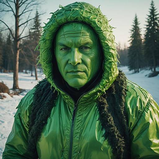 Man in Green Creature Suit in Winter Forest