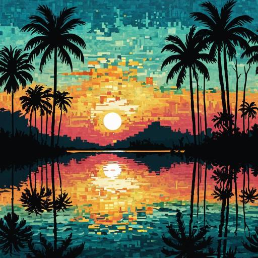 Pixelated Tropical Sunset Reflection