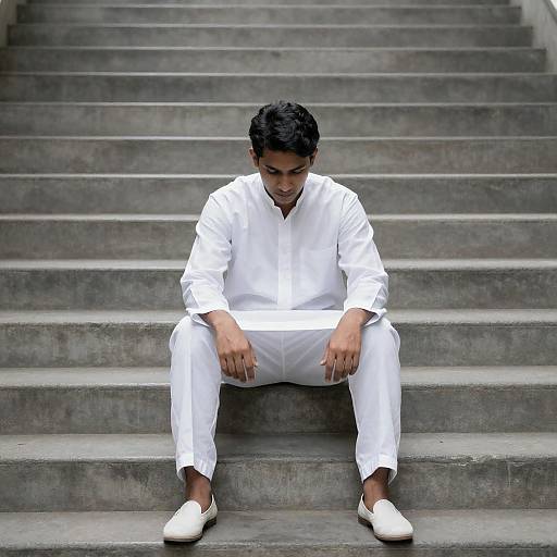 Man in White on Gray Steps
