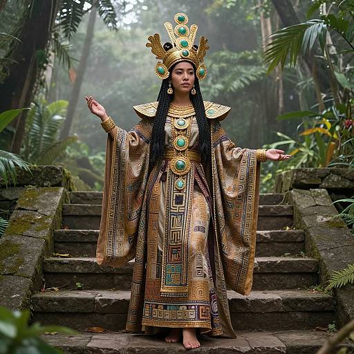 Photograph of a woman in an elaborate, gold and green, ancient-inspired dress and headdress, standing on mossy stone steps in a lush,