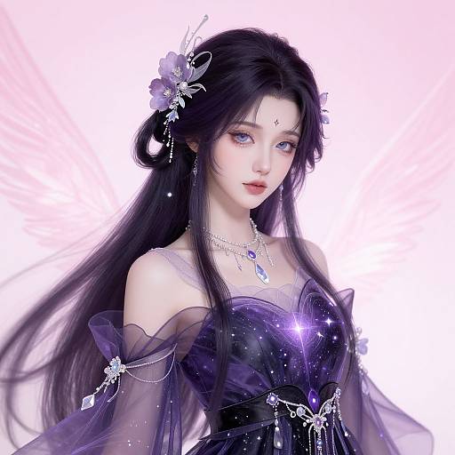 Digital artwork of a pale-skinned, blue-eyed woman with long black hair, wearing a translucent purple dress adorned with flowers and crystals, set against a