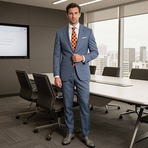 Photograph of a handsome, dark-haired man in a blue suit, orange polka-dot tie, standing in a modern office with large windows, black