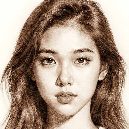 Sepia-toned digital drawing of a young Asian woman with long, wavy brown hair, large dark eyes, and a neutral expression, centered against