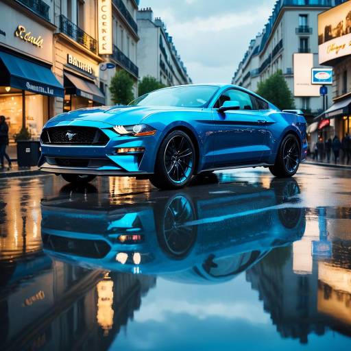 Blue Ford Mustang on Wet City Street