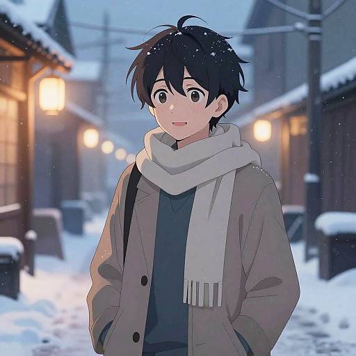 Gentle Anime Boy in Snowy Dusk