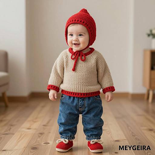 Toddler in Red and Beige Crochet Outfit