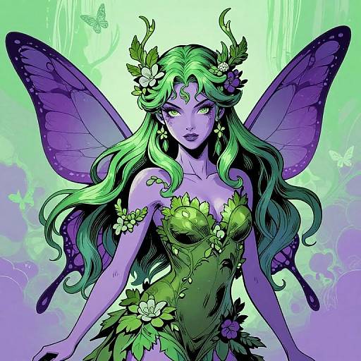 Digital artwork of a purple-skinned fairy with green hair, wearing a leafy, strapless dress and flower crown, large purple wings, glowing green