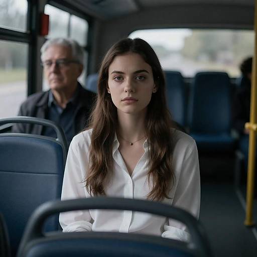 Serious Young Woman on Dim Bus