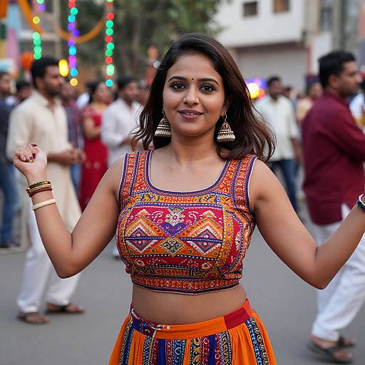 Photograph of a smiling Indian woman with medium skin tone, wearing a colorful embroidered crop top and orange skirt, large gold earrings, and bracelets, dancing
