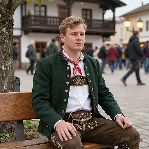 Photograph of a young Caucasian man with light brown hair, wearing a dark green Bavarian outfit with gold buttons, red neckerchief, and brown