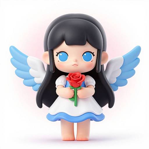 Chibi-style digital drawing of a cute angel with large blue eyes, black hair, blue wings, white dress, holding a red rose.