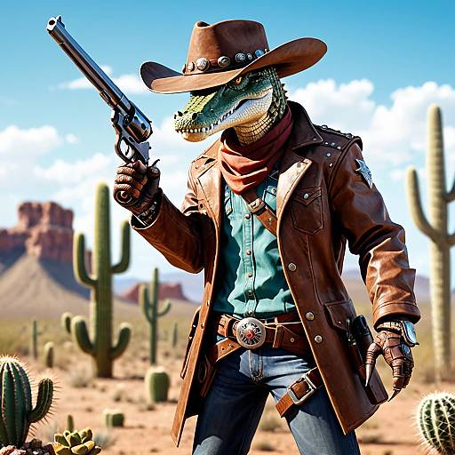 Cowboy Crocodilian with Revolver in Desert