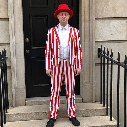 Photograph of a man in a red and white striped suit, white shirt, red hat, standing in front of a black door with black iron rail