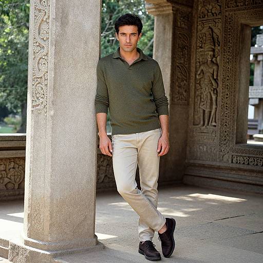 Photograph of a handsome, dark-haired man in a green polo and white pants leaning against an intricately carved stone pillar.