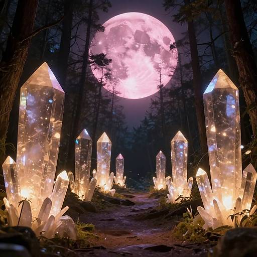 Photograph of a mystical forest at night, featuring glowing, crystal-like structures illuminated by warm lights, with a large, pink full moon in the dark