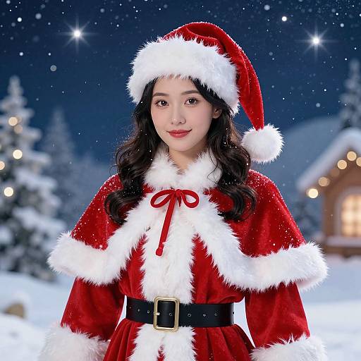 Photograph of an Asian woman with long black hair, wearing a red Santa cape with white fur trim, black belt, and Santa hat, standing in