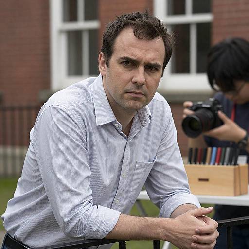 Serious Man by Camera and Fence