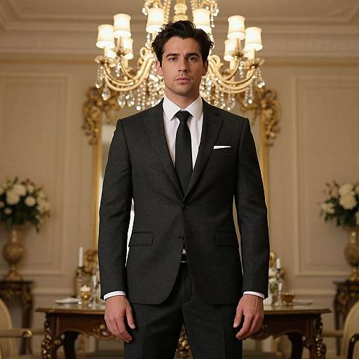 Photograph of a handsome young man with dark hair, wearing a black suit, white shirt, and black tie, standing in an elegant, ornate