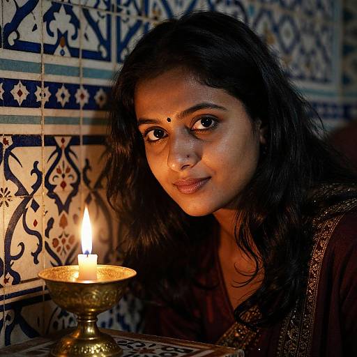 Photograph of a young South Asian woman with dark hair and a bindi, illuminated by a candle, against ornate blue and white tiled walls.