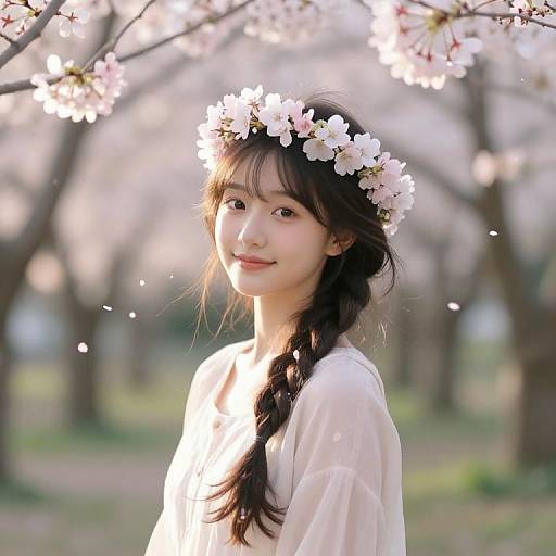 Serene Asian Girl in Cherry Blossom Forest