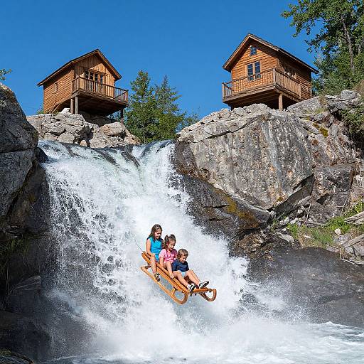 Photograph of two children in an orange inflatable raft, riding a rocky waterfall, with two wooden cabin houses on a clear blue sky background.