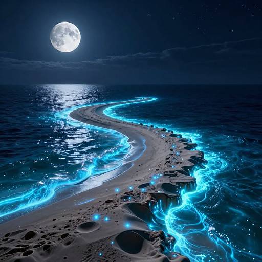 Digital art of a glowing blue, bioluminescent path winding through dark ocean under a full moonlit night sky with stars.