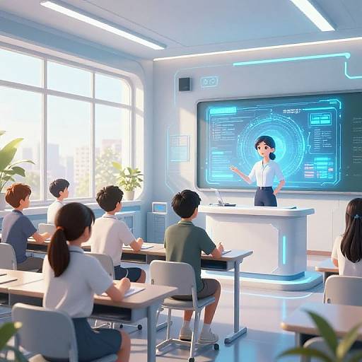 Photorealistic CGI of a modern classroom with five students and a female teacher presenting on a futuristic, illuminated screen.