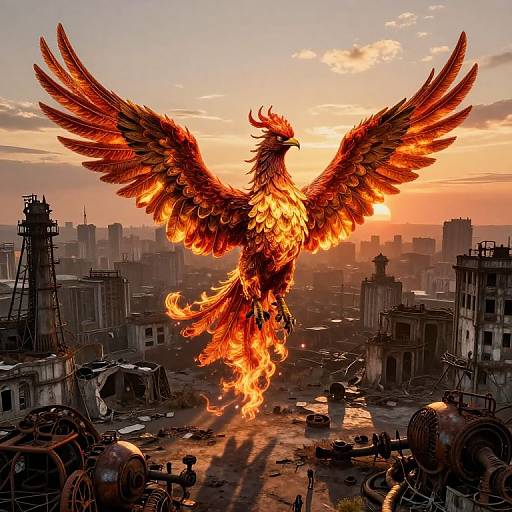 Digital art of a massive, fiery phoenix with outstretched wings soaring over a ruined, industrial cityscape at sunset.