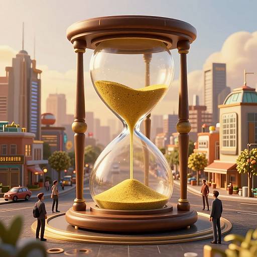 Digital artwork of a giant hourglass on a city street, with five small, suited men standing around it at sunset.
