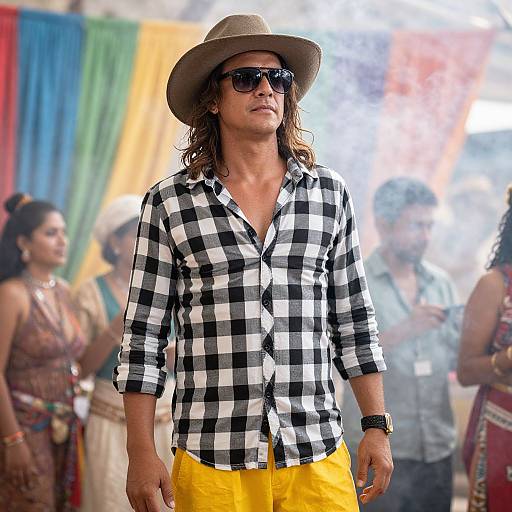 Photograph of a man with shoulder-length brown hair, wearing a brown hat, black-and-white checkered shirt, and yellow pants, standing in a