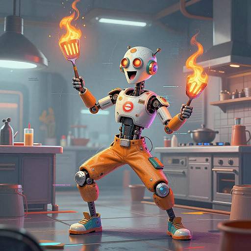 Cybernetic Street Performer Juggling Flaming Spatulas