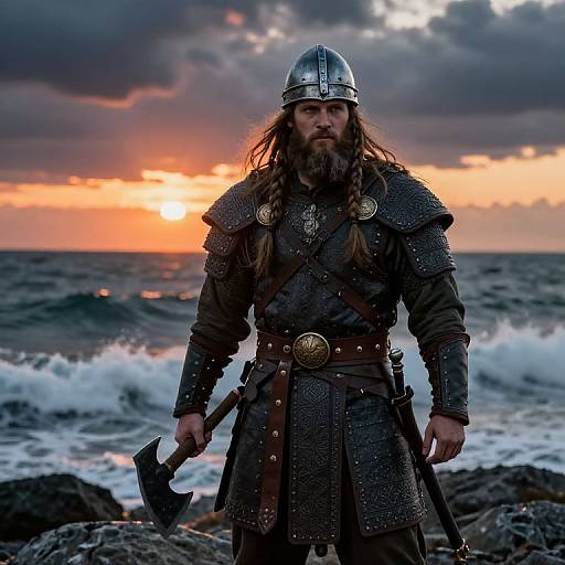 Bearded Viking Warrior at Sunset Shore