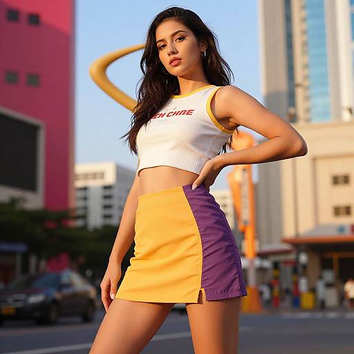 Photograph of a confident Asian woman with long black hair, wearing a white crop top and yellow-purple skirt, standing in a city street with modern buildings