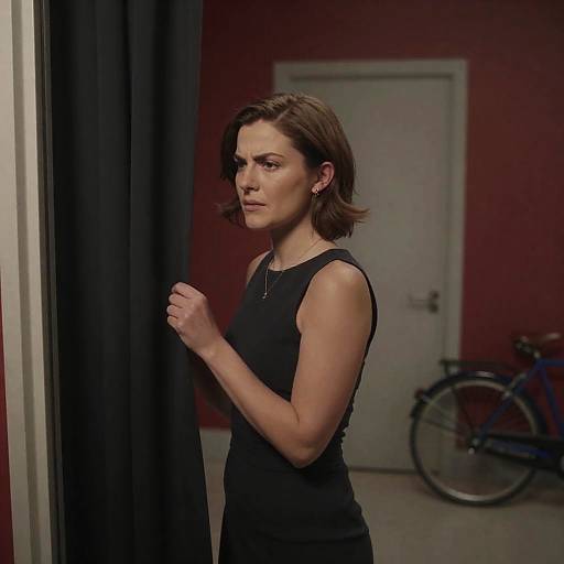 Woman Gripping Curtain Near Door