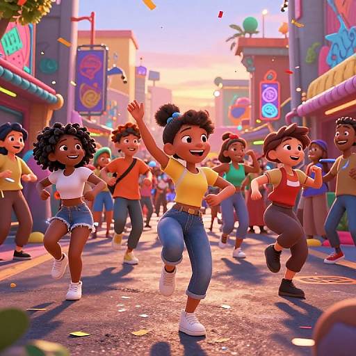 Vibrant CGI street scene of diverse children joyfully dancing at sunset, colorful neon signs, confetti falling, animated style, cheerful atmosphere.