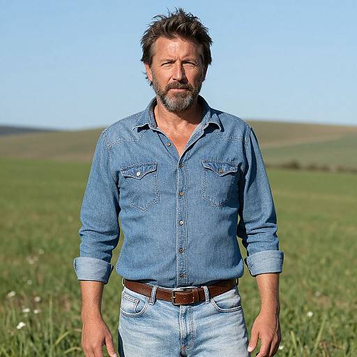 Photograph of a middle-aged, bearded man with tousled brown hair, wearing a blue denim shirt and jeans, standing in a green field under