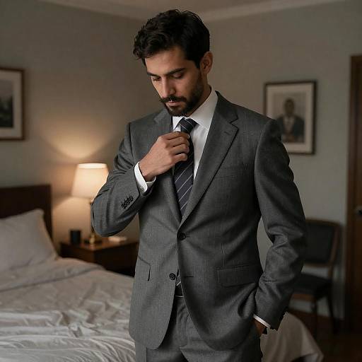 Man Adjusting Tie in Dim Room