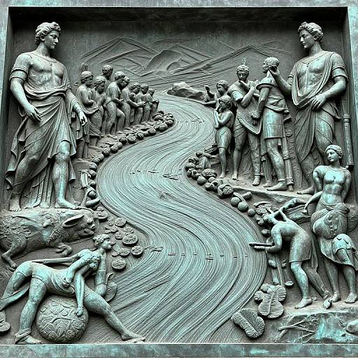 Monochrome relief sculpture depicting ancient river scene with figures in togas, some standing, others kneeling, beside a winding river.