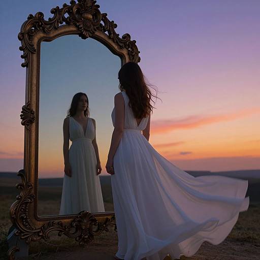 Photograph of a woman with long brown hair, wearing a flowing white gown, standing before an ornate mirror at sunset, reflecting her silhouette against a
