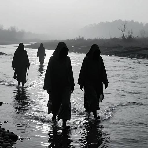 Silhouetted photograph of four hooded figures wading through a reflective, sunlit river at dawn, with misty, barren trees in the