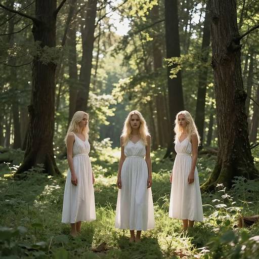 Photograph of three blonde women in white, sleeveless, flowing dresses standing in a sunlit forest, surrounded by tall trees and lush greenery.