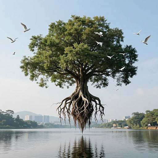 Photorealistic CGI of a floating tree with extensive roots, surrounded by flying birds, set against a clear blue sky and calm water. Urban skyline in