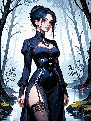 Dark Fantasy Woman in Satin Bodysuit in Mystic Forest