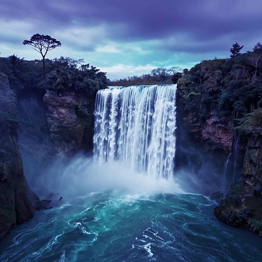 Photograph of a powerful, multi-tiered waterfall cascading into a turbulent, blue-green river, surrounded by dense, dark green foliage and a dramatic