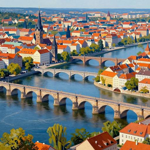 Aerial photograph of a picturesque European city with red-roofed buildings, a stone arch bridge over a river, and a church steeple in