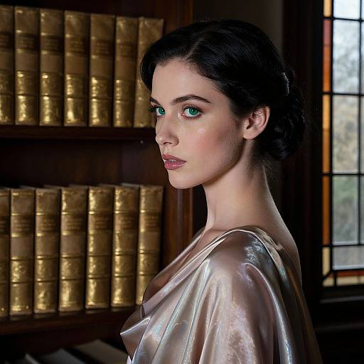 Photograph of a fair-skinned woman with green eyes, dark hair, and a shiny silver top, standing in a library with golden-bound books.