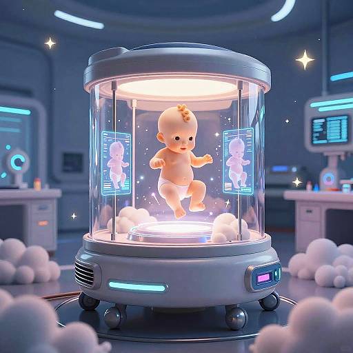Futuristic Baby Generator Hologram in Sci-Fi Lab