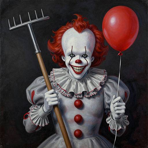 Digital painting of a grinning clown with white face paint, red hair, holding rake and red balloon, wearing white frilled dress with red buttons.