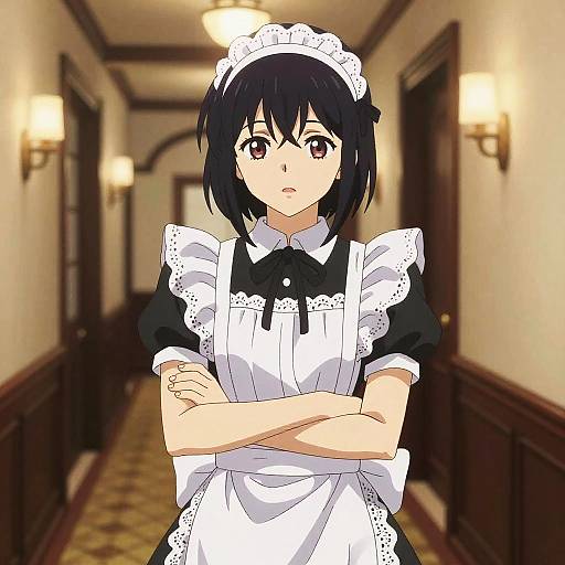 Anime-style drawing of a black-haired maid with brown eyes, crossed arms, white lace headband, black and white uniform, standing in a dimly